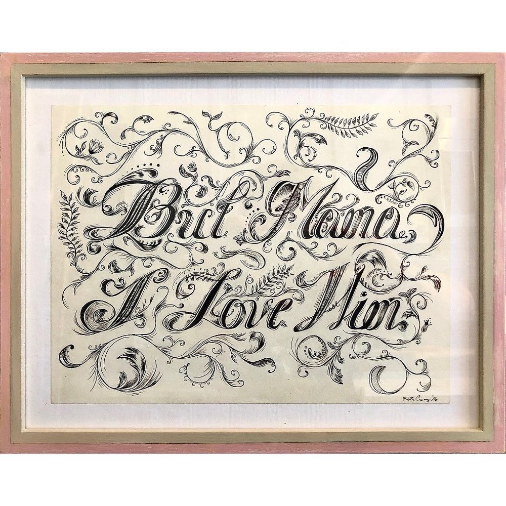 ORIGINAL FRAMED ART Tattoo Type Ink Retro Drawing in Hand Painted Pink Frame